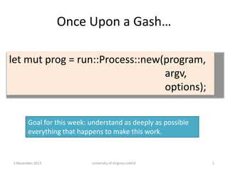Once Upon a Gash…
let mut prog = run::Process::new(program,
argv,
options);
Goal for this week: understand as deeply as possible
everything that happens to make this work.

5 November 2013

University of Virginia cs4414

1

 