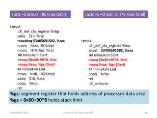 rustc –S asm.rs (86 lines total)

rustc –S –O asm.rs (76 lines total)

Ltmp4:
.cfi_def_cfa_register %rbp
subq $16, %rsp
movabsq $3405691582, %rax
Ltmp4:
movq %rax, -8(%rbp)
.cfi_def_cfa_register %rbp
movq -8(%rbp), %rax
movl $3405691582, %eax
## InlineAsm Start
## InlineAsm Start
movq $0x60+90*8, %rsi
movq $0x60+90*8, %rsi
movq %rax, %gs:(%rsi)
movq %rax, %gs:(%rsi)
## InlineAsm End
## InlineAsm End
movq %rdi, -16(%rbp)
popq %rbp
addq $16, %rsp
ret
popq %rbp
.cfi_endproc
ret
.cfi_endproc
%gs: segment register that holds address of processor data area

%gs + 0x60+90*8 holds stack limit
5 November 2013

University of Virginia cs4414

28

 