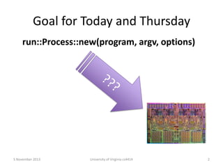 Goal for Today and Thursday
run::Process::new(program, argv, options)

5 November 2013

University of Virginia cs4414

2

 