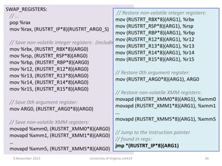 SWAP_REGISTERS:
// …
pop %rax
mov %rax, (RUSTRT_IP*8)(RUSTRT_ARG0_S)

// Restore non-volatile integer registers:
mov (RUSTRT_RBX*8)(ARG1), %rbx
mov (RUSTRT_RSP*8)(ARG1), %rsp
mov (RUSTRT_RBP*8)(ARG1), %rbp
mov (RUSTRT_R12*8)(ARG1), %r12
// Save non-volatile integer registers: (including RSP)
mov (RUSTRT_R13*8)(ARG1), %r13
mov %rbx, (RUSTRT_RBX*8)(ARG0)
mov (RUSTRT_R14*8)(ARG1), %r14
mov %rsp, (RUSTRT_RSP*8)(ARG0)
mov (RUSTRT_R15*8)(ARG1), %r15
mov %rbp, (RUSTRT_RBP*8)(ARG0)
mov %r12, (RUSTRT_R12*8)(ARG0)
// Restore 0th argument register:
mov %r13, (RUSTRT_R13*8)(ARG0)
mov (RUSTRT_ARG0*8)(ARG1), ARG0
mov %r14, (RUSTRT_R14*8)(ARG0)
mov %r15, (RUSTRT_R15*8)(ARG0)
// Restore non-volatile XMM registers:
movapd (RUSTRT_XMM0*8)(ARG1), %xmm0
// Save 0th argument register:
movapd (RUSTRT_XMM1*8)(ARG1), %xmm1
mov ARG0, (RUSTRT_ARG0*8)(ARG0)
...
movapd (RUSTRT_XMM5*8)(ARG1), %xmm5
// Save non-volatile XMM registers:
movapd %xmm0, (RUSTRT_XMM0*8)(ARG0)
// Jump to the instruction pointer
movapd %xmm1, (RUSTRT_XMM1*8)(ARG0)
// found in regs:
…
jmp *(RUSTRT_IP*8)(ARG1)
movapd %xmm5, (RUSTRT_XMM5*8)(ARG0)
5 November 2013

University of Virginia cs4414

34

 
