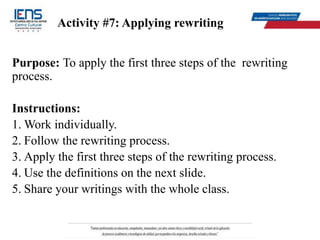 Activity #7: Applying rewriting
Purpose: To apply the first three steps of the rewriting
process.
Instructions:
1. Work individually.
2. Follow the rewriting process.
3. Apply the first three steps of the rewriting process.
4. Use the definitions on the next slide.
5. Share your writings with the whole class.
 