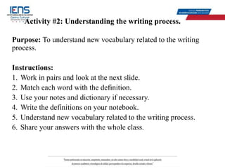 Activity #2: Understanding the writing process.
Purpose: To understand new vocabulary related to the writing
process.
Instructions:
1. Work in pairs and look at the next slide.
2. Match each word with the definition.
3. Use your notes and dictionary if necessary.
4. Write the definitions on your notebook.
5. Understand new vocabulary related to the writing process.
6. Share your answers with the whole class.
 