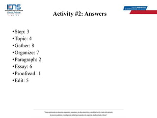 Activity #2: Answers
•Step: 3
•Topic: 4
•Gather: 8
•Organize: 7
•Paragraph: 2
•Essay: 6
•Proofread: 1
•Edit: 5
 