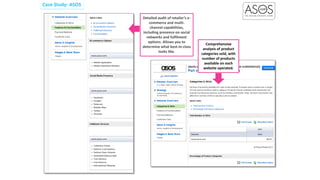 Case Study: ASOS
Comprehensive
analysis of product
categories sold, with
number of products
available on each
website operated.
Detailed audit of retailer’s e-
commerce and multi-
channel capabilities,
including presence on social
networks and fulfilment
options. Allows you to
determine what best-in-class
looks like.
 