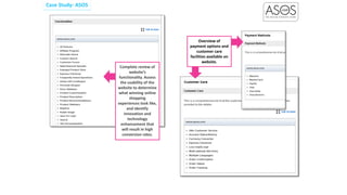 Case Study: ASOS
Overview of
payment options and
customer care
facilities available on
website.
Complete review of
website’s
functionality. Assess
the usability of the
website to determine
what winning online
shopping
experiences look like,
and identify
innovation and
technology
enhancement that
will result in high
conversion rates.
 