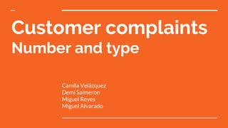 Customer complaints
Number and type
Camila Velázquez
Demi Salmeron
Miguel Reyes
Miguel Alvarado
 