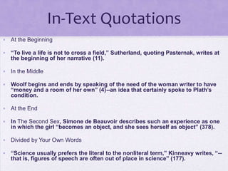 In-Text Quotations
• At the Beginning

• “To live a life is not to cross a field,” Sutherland, quoting Pasternak, writes at
  the beginning of her narrative (11).

• In the Middle

• Woolf begins and ends by speaking of the need of the woman writer to have
  “money and a room of her own” (4)--an idea that certainly spoke to Plath’s
  condition.

• At the End

• In The Second Sex, Simone de Beauvoir describes such an experience as one
  in which the girl “becomes an object, and she sees herself as object” (378).

• Divided by Your Own Words

• “Science usually prefers the literal to the nonliteral term,” Kinneavy writes, “--
  that is, figures of speech are often out of place in science” (177).
 