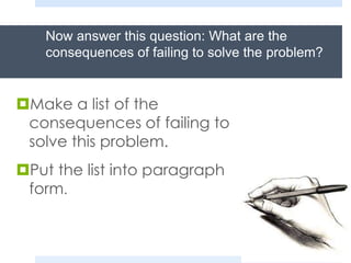 Now answer this question: What are the
consequences of failing to solve the problem?
Make a list of the
consequences of failing to
solve this problem.
Put the list into paragraph
form.
 
