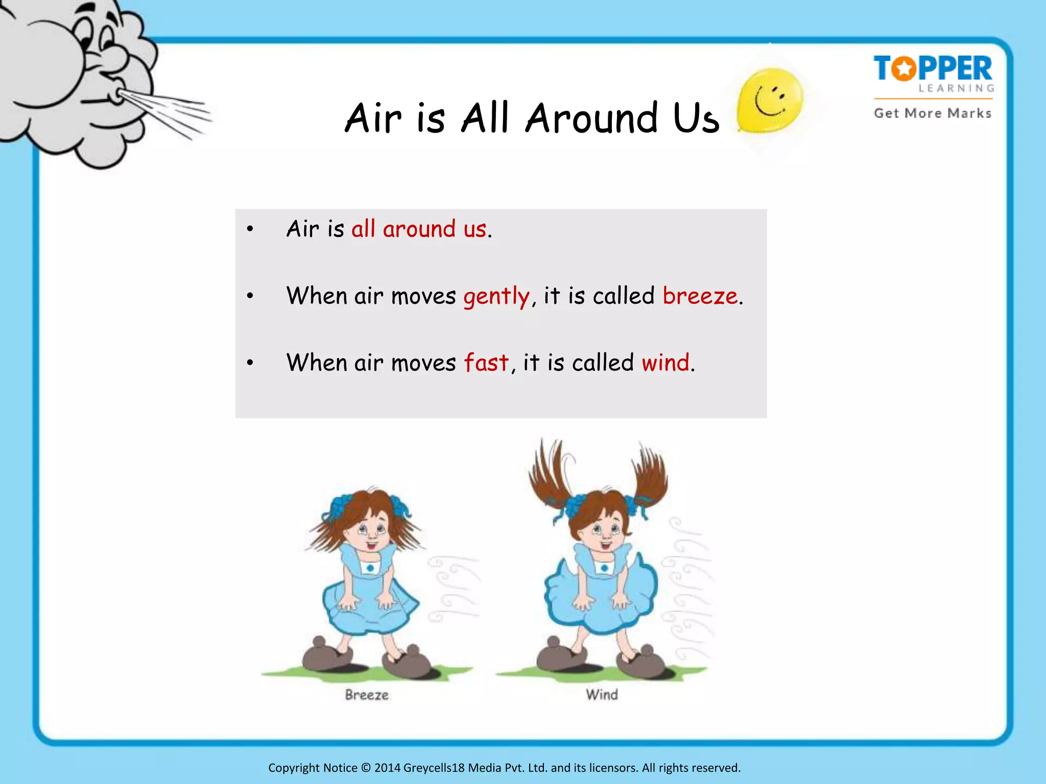 Air is All Around Us
• Air is all around us.
• When air moves gently, it is called breeze.
• When air moves fast, it is called wind.
Copyright Notice © 2014 Greycells18 Media Pvt. Ltd. and its licensors. All rights reserved.