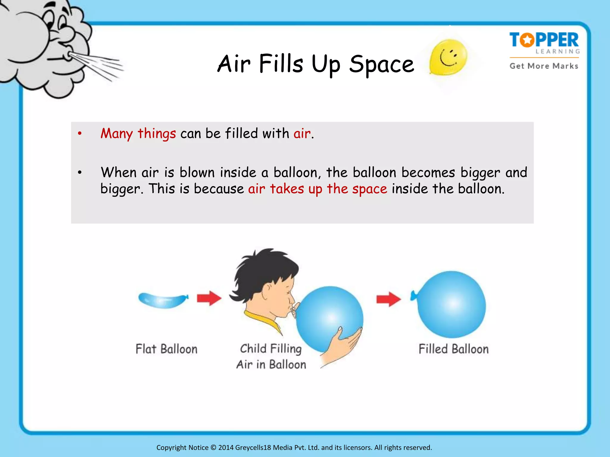 Air Fills Up Space
• Many things can be filled with air.
• When air is blown inside a balloon, the balloon becomes bigger and
bigger. This is because air takes up the space inside the balloon.
Copyright Notice © 2014 Greycells18 Media Pvt. Ltd. and its licensors. All rights reserved.