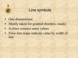Line symbols One-dimensional Mostly taken for granted (borders, roads) Isolines  connect same values Flow-line maps indicate value by width of line 