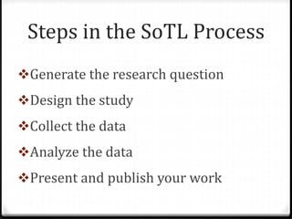 Steps in the SoTL Process
Generate the research question
Design the study
Collect the data
Analyze the data
Present and publish your work
 