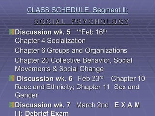 CLASS SCHEDULE, Segment II:
     SOCIAL     PSYCHOLOGY
Discussion wk. 5 **Feb 16th
Chapter 4 Socialization
Chapter 6 Groups and Organizations
Chapter 20 Collective Behavior, Social
Movements & Social Change
 Discussion wk. 6 Feb 23rd Chapter 10
Race and Ethnicity; Chapter 11 Sex and
Gender
Discussion wk. 7 March 2nd E X A M
I I; Debrief Exam
 