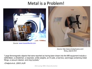 Metal is a Problem!




           Source: www.howstuffworks.com


                                                                          Source: http://www.simplyphysics.com/
                                                                                    flying_objects.html


“Large ferromagnetic objects that were reported as having been drawn into the MR equipment include a
defibrillator, a wheelchair, a respirator, ankle weights, an IV pole, a tool box, sand bags containing metal
filings, a vacuum cleaner, and mop buckets.”
-Chaljub et al., (2001) AJR
                                       2012 spring, fMRI: theory & practice
 
