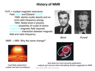 History of NMR
NMR = nuclear magnetic resonance
   Felix Block and Edward Purcell
         1946: atomic nuclei absorb and re-
         emit radio frequency energy
         1952: Nobel prize in physics
   nuclear: properties of nuclei of atoms
   magnetic: magnetic field required
   resonance: interaction between magnetic
   field and radio frequency
                                                                      Bloch        Purcell
NMR → MRI: Why the name change?




                                              less likely but more amusing explanation:
  most likely explanation:        subjects got nervous when fast-talking doctors suggested an NMR
nuclear has bad connotations   2012 spring, fMRI: theory & practice
 