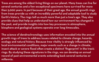 Trees are among the oldest living things on our planet. Many trees can live for
several centuries and a few exceptional specimens have survived for more
than 5,000 years. In part because of their great age, the annual growth rings
from trees provide us with an incredibly powerful and adaptable tool to study
Earth’s history. The rings tell us much more than just a tree’s age. They also
provide clues that help us understand how our environment has changed in
the past, and provide insights into how key processes in atmosphere,
biosphere and geological systems operate over long timescales.

The science of dendrochronology uses information encoded into the annual
growth rings of trees to address issues related to climate change, hazards,
ecology and natural history. Because tree vitality is strongly inﬂuenced by
local environmental conditions, major events such as a change in climate,
insect a ack or severe ﬂood o en create a distinct ‘ﬁngerprint’ in the tree’s
rings. By studying these signatures in the rings, we can develop an annual
record of past environmental events extending back several centuries or
millennia.
 