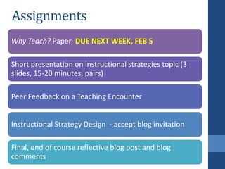 Assignments
Why Teach? Paper DUE NEXT WEEK, FEB 5
Short presentation on instructional strategies topic (3
slides, 15-20 minutes, pairs)
Peer Feedback on a Teaching Encounter
Instructional Strategy Design - accept blog invitation
Final, end of course reflective blog post and blog
comments
 