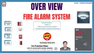 TOPICS COVERED :-
 NFPA 72?
 Why we need a fire alarm system?
 FireAlarm System components & functions
Fire Alarm
Panel
Smoke
Detector
Manual
Pull
Station
Horn
Strobes
 