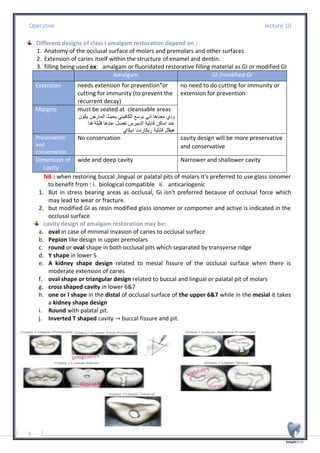 Operative lecture 10
2
Different designs of class I amalgam restoration depend on :
1. Anatomy of the occlusal surface of molars and premolars and other surfaces .
2. Extension of caries itself within the structure of enamel and dentin.
3. filling being used ex: amalgam or fluoridated restorative filling material as GI or modified GI
Amalgam GI /modified GI
Extension needs extension for prevention*or
cutting for immunity (to prevent the
recurrent decay)
no need to do cutting for immunity or
extension for prevention
Margins must be seated at cleansable areas
‫ب‬ ‫الكافيتي‬ ‫بوسع‬ ‫اني‬ ‫معناها‬ ‫ودي‬
‫ح‬
‫يكون‬ ‫المارجن‬ ‫يث‬
‫فدا‬ ‫قليلة‬ ‫عندها‬ ‫تفضل‬ ‫الديبرس‬ ‫قابلية‬ ‫اماكن‬ ‫عند‬
‫ديكاي‬ ‫ريكارنت‬ ‫قابلية‬ ‫هيقلل‬
Preservation
and
conservation
No conservation cavity design will be more preservative
and conservative
Dimension of
cavity
wide and deep cavity Narrower and shallower cavity
NB : when restoring buccal ,lingual or palatal pits of molars it's preferred to use glass ionomer
to benefit from : i. biological compatible ii. anticariogenic
1. But in stress bearing areas as occlusal, GI isn't preferred because of occlusal force which
may lead to wear or fracture.
2. but modified GI as resin modified glass ionomer or compomer and active is indicated in the
occlusal surface
cavity design of amalgam restoration may be:
a. oval in case of minimal invasion of caries to occlusal surface
b. Pepion like design in upper premolars
c. round or oval shape in both occlusal pits which separated by transverse ridge
d. Y shape in lower 5
e. A kidney shape design related to mesial fissure of the occlusal surface when there is
moderate extension of caries
f. oval shape or triangular design related to buccal and lingual or palatal pit of molars
g. cross shaped cavity in lower 6&7
h. one or l shape in the distal of occlusal surface of the upper 6&7 while in the mesial it takes
a kidney shape design
i. Round with palatal pit.
j. Inverted T shaped cavity → buccal fissure and pit.
 
