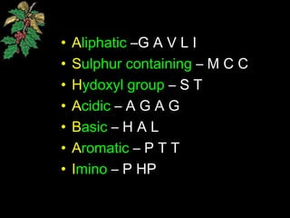 • Aliphatic –G A V L I
• Sulphur containing – M C C
• Hydoxyl group – S T
• Acidic – A G A G
• Basic – H A L
• Aromatic – P T T
• Imino – P HP
 