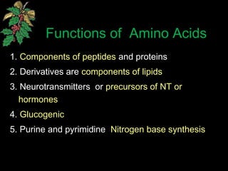 Functions of Amino Acids
1. Components of peptides and proteins
2. Derivatives are components of lipids
3. Neurotransmitters or precursors of NT or
hormones
4. Glucogenic
5. Purine and pyrimidine Nitrogen base synthesis
 
