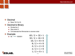 In this case, 0+64+0+0+0+0+0+1 = 65DecimalBase 10( 0 to 9)Decimal to BinaryDivided by 2 Stop when 0Concatenate the Remainder is reverse orderExample65           100000165 / 2 = 32 r 132 / 2 = 16 r 016 / 2 = 8 r 08 / 2 = 4 r 04 / 2 = 2 r 02 / 2 = 1 r 01 / 2 = 0 r 1