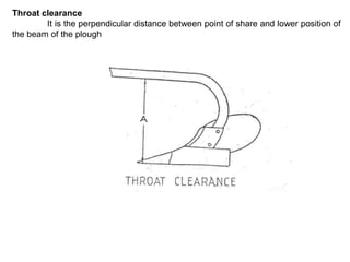 Throat clearance
        It is the perpendicular distance between point of share and lower position of
the beam of the plough
 