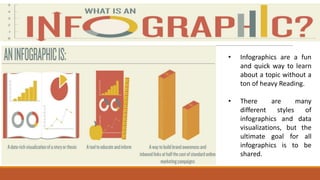 • Infographics are a fun
and quick way to learn
about a topic without a
ton of heavy Reading.
• There are many
different styles of
infographics and data
visualizations, but the
ultimate goal for all
infographics is to be
shared.
 