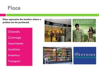 Place
Channels
Coverage
Assortments
Locations
Inventory
Transport
Place represents the location where a
product can be purchased.
 
