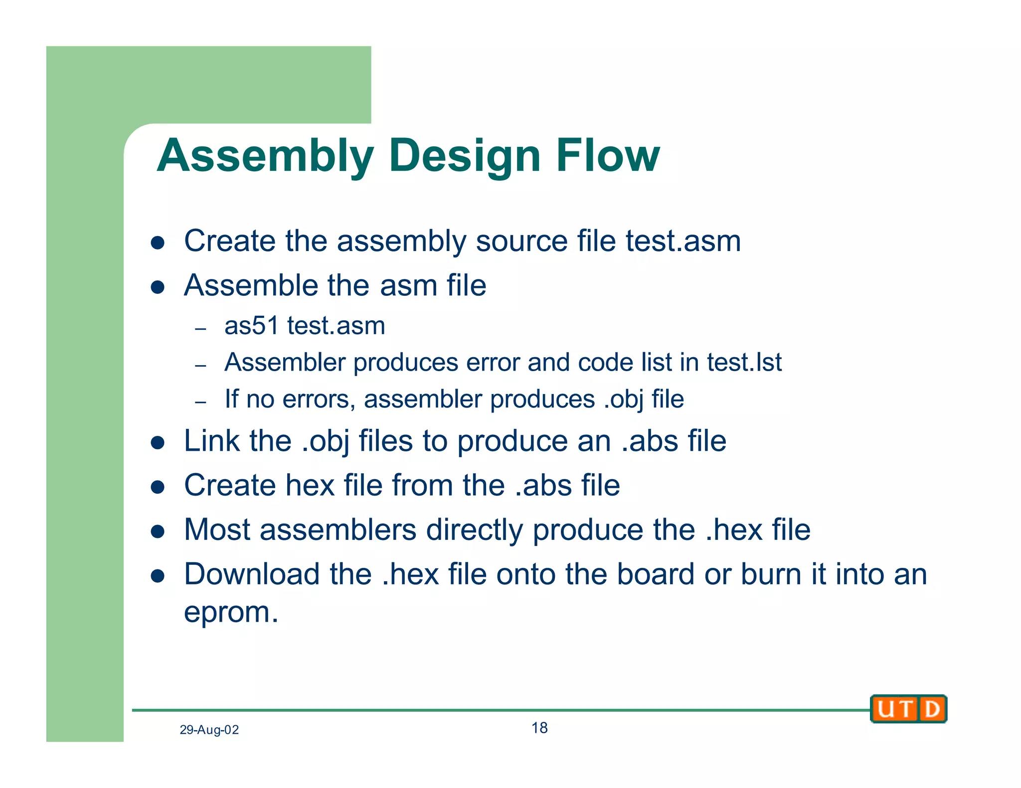 29-Aug-02 18
Assembly Design Flow
l Create the assembly source file test.asm
l Assemble the asm file
– as51 test.asm
– Assembler produces error and code list in test.lst
– If no errors, assembler produces .obj file
l Link the .obj files to produce an .abs file
l Create hex file from the .abs file
l Most assemblers directly produce the .hex file
l Download the .hex file onto the board or burn it into an
eprom.
 