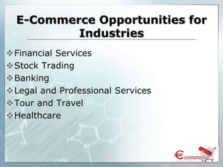 E-Commerce Opportunities for
Industries
Financial Services
Stock Trading
Banking
Legal and Professional Services
Tour and Travel
Healthcare
 