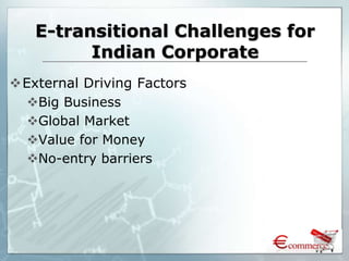 E-transitional Challenges for
Indian Corporate
External Driving Factors
Big Business
Global Market
Value for Money
No-entry barriers
 
