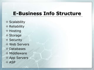 E-Business Info Structure
 Scalability
 Reliability
 Hosting
 Storage
 Security
 Web Servers
 Databases
 Middleware
 App Servers
 ASP
 