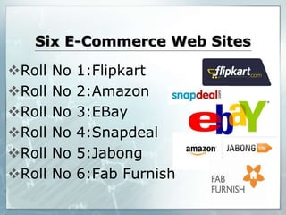 Six E-Commerce Web Sites
Roll No 1:Flipkart
Roll No 2:Amazon
Roll No 3:EBay
Roll No 4:Snapdeal
Roll No 5:Jabong
Roll No 6:Fab Furnish
 
