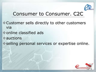 Consumer to Consumer. C2C
Customer sells directly to other customers
via
online classified ads
auctions
selling personal services or expertise online.
 