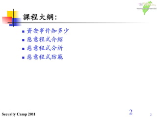 2Security Camp 2011
課程大綱：	

n  資安事件知多少	

n  惡意程式介紹	

n  惡意程式分析	

n  惡意程式防範	

2
 