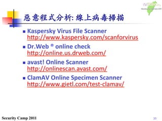 35Security Camp 2011
惡意程式分析: 線上病毒掃描	

n  Kaspersky	
  Virus	
  File	
  Scanner	
  
h1p://www.kaspersky.com/scanforvirus	
  
n  Dr.Web	
  ®	
  online	
  check	
  
h1p://online.us.drweb.com/	
  
n  avast!	
  Online	
  Scanner	
  
h1p://onlinescan.avast.com/	
  
n  ClamAV	
  Online	
  Specimen	
  Scanner	
  	
  
h1p://www.gietl.com/test-­‐clamav/	
  
	
  
	
  
 