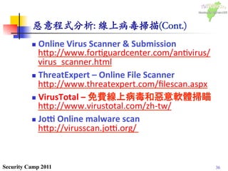 36Security Camp 2011
惡意程式分析: 線上病毒掃描(Cont.)	

n  Online	
  Virus	
  Scanner	
  	
  Submission	
  
h1p://www.for@guardcenter.com/an@virus/
virus_scanner.html	
  
n  ThreatExpert	
  –	
  Online	
  File	
  Scanner	
  	
  
h1p://www.threatexpert.com/ﬁlescan.aspx	
  
n  VirusTotal	
  –	
  免費線上病毒和惡意軟體掃瞄  
h1p://www.virustotal.com/zh-­‐tw/	
  
n  JoO	
  Online	
  malware	
  scan	
  	
  
h1p://virusscan.joD.org/	
   
	
  
 