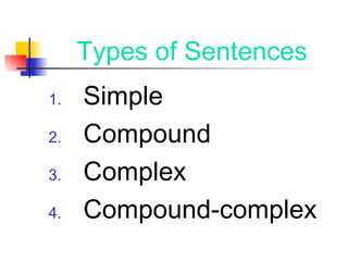 Types of Sentences
1. Simple
2. Compound
3. Complex
4. Compound-complex
 