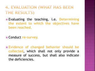  Evaluating the teaching, i.e. Determining
the extent to which the objectives have
been reached.
 Conduct re-survey.
 Evidence of changed behavior should be
collected, which shall not only provide a
measure of success, but shall also indicate
the deficiencies.
 