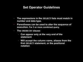 Oracle SET Operators and types Union Union all, MINUS, Intersect | PPT