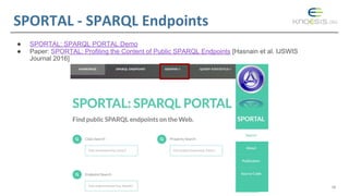 SPORTAL - SPARQL Endpoints
● SPORTAL: SPARQL PORTAL Demo
● Paper: SPORTAL: Profiling the Content of Public SPARQL Endpoint...
