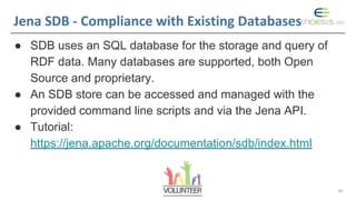 Jena SDB - Compliance with Existing Databases
● SDB uses an SQL database for the storage and query of
RDF data. Many datab...