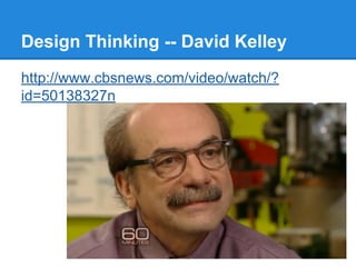 Design Thinking -- David Kelley
http://www.cbsnews.com/video/watch/?
id=50138327n

 