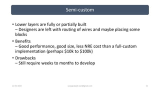 Semi-custom
12-02-2019 suryaprakash.vsm@gmail.com 15
• Lower layers are fully or partially built
– Designers are left with routing of wires and maybe placing some
blocks
• Benefits
– Good performance, good size, less NRE cost than a full-custom
implementation (perhaps $10k to $100k)
• Drawbacks
– Still require weeks to months to develop
 