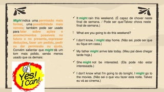 Might indica uma permissão mais
formal, uma possibilidade mais
remota; também pode ser usado
para falar sobre ações e
acontecimentos possíveis no
futuro e no presente, expressar
deduções, fazer um pedido, pedir
ou dar permissão ou ajuda.
Convém salientar que might dá um
tom mais polido, sendo menos
usado que os demais:
 It might rain this weekend. (É capaz de chover neste
final de semana. / Pode ser que/Talvez chova neste
final de semana.)
- What are you going to do this weekend?
 I don't know, I might stay home. (Não sei, pode ser que
eu fique em casa.)
 My father might arrive late today. (Meu pai deve chegar
tarde hoje.)
 She might not be interested. (Ela pode não estar
interessada.)
 I don't know what I'm going to do tonight. I might go to
the movies. (Não sei o que vou fazer esta noite. Talvez
eu vá ao cinema.)
 