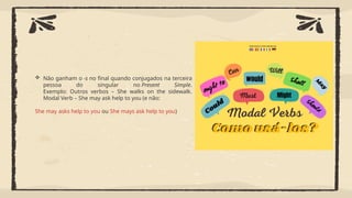  Não ganham o -s no final quando conjugados na terceira
pessoa do singular no Present Simple.
Exemplo: Outros verbos – She walks on the sidewalk.
Modal Verb – She may ask help to you (e não:
She may asks help to you ou She mays ask help to you)
 