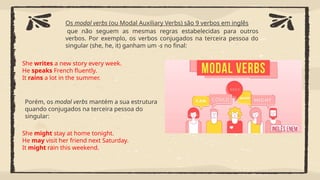 Os modal verbs (ou Modal Auxiliary Verbs) são 9 verbos em inglês
que não seguem as mesmas regras estabelecidas para outros
verbos. Por exemplo, os verbos conjugados na terceira pessoa do
singular (she, he, it) ganham um -s no final:
She writes a new story every week.
He speaks French fluently.
It rains a lot in the summer.
Porém, os modal verbs mantém a sua estrutura
quando conjugados na terceira pessoa do
singular:
She might stay at home tonight.
He may visit her friend next Saturday.
It might rain this weekend.
 