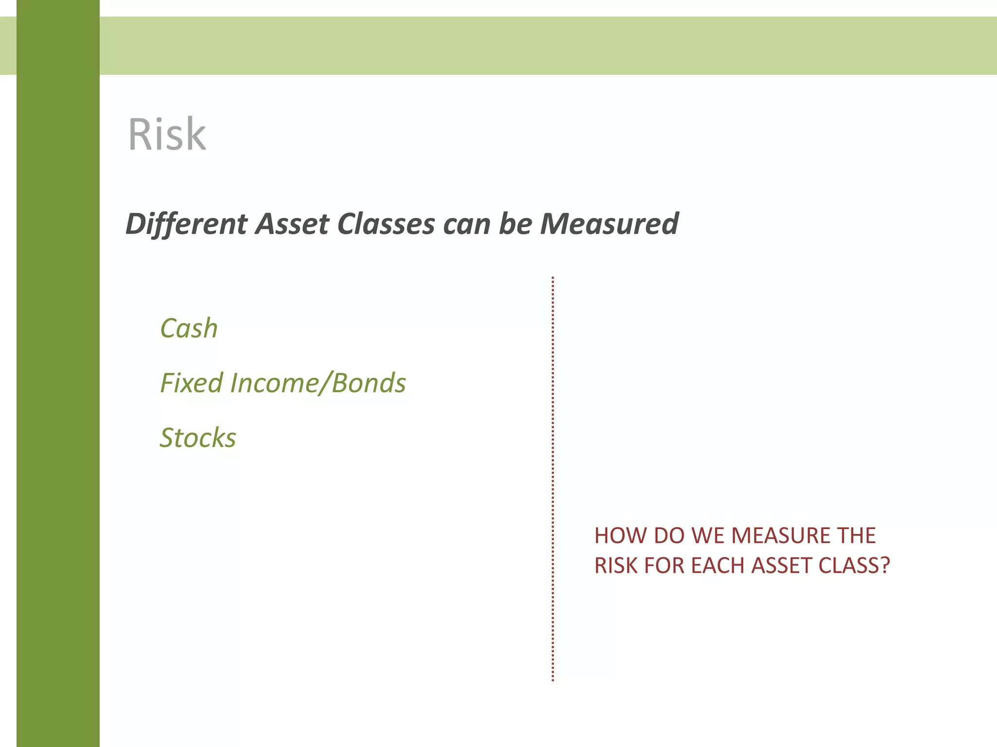 Risk
Different Asset Classes can be Measured
Cash
Fixed Income/Bonds
Stocks
HOW DO WE MEASURE THE
RISK FOR EACH ASSET CLASS?
 