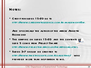 Notes: Credit for slides 15-20 go to  http://www.career-intelligence.com/management/SmartGoals.asp   And specifically the author of the article Annette Richmond The graphic on slides 15-20  and the contents of slide 5 come from Project Smart:  http://www.projectsmart.co.uk/smart-goals.html   Slides 3-7 should be credited to  http://www.timethoughts.com/goalsetting/   who provided more than inspiration to me.  